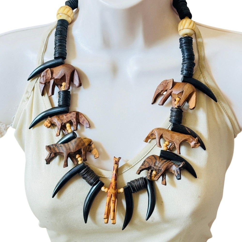 VTG Safari Animal Carved Wood Massive Necklace Giraffe Zebra Leopard Beaded BOHO